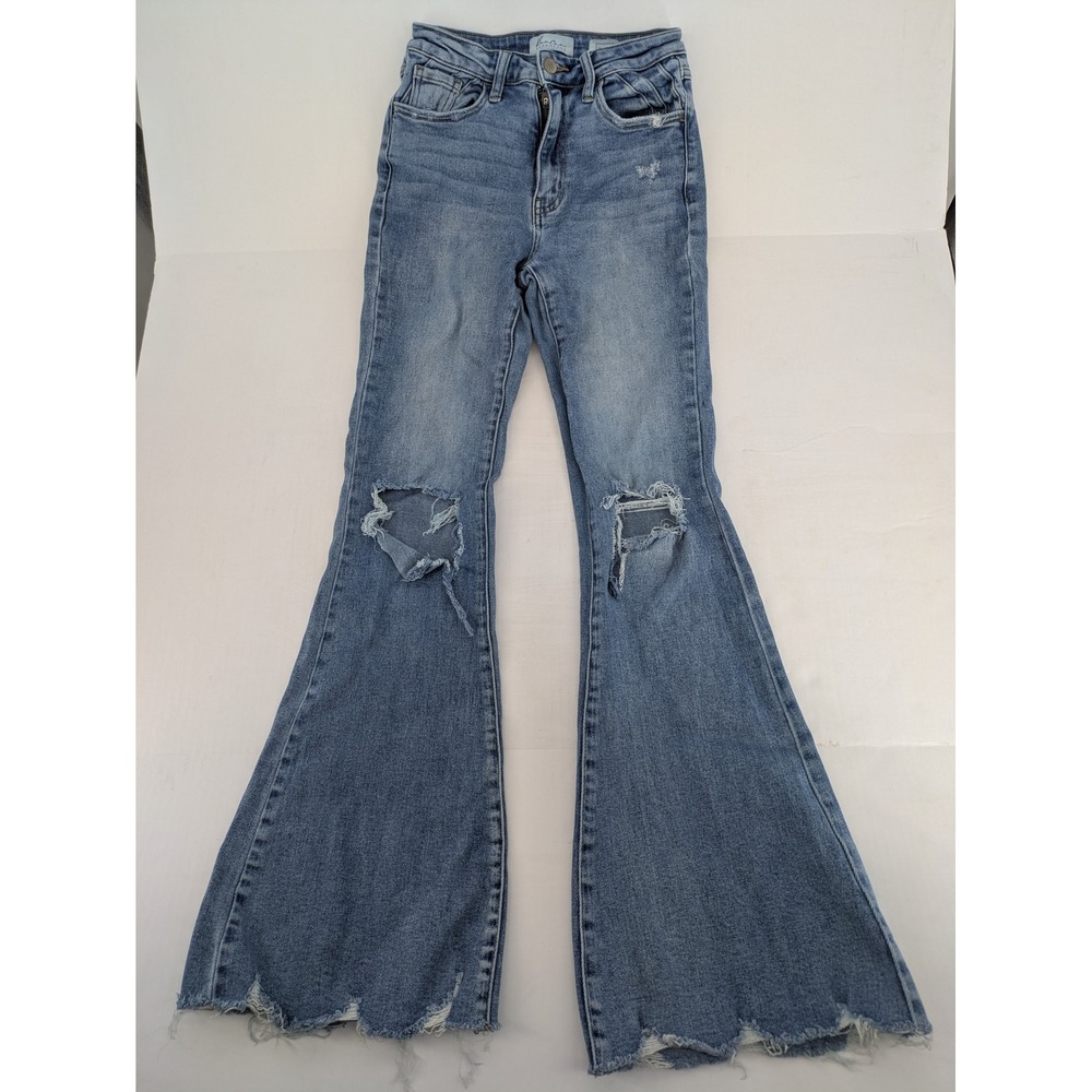 KanCan Signature High Rise Flare Jeans Women 25 Blue Distressed Raw Hem Button
